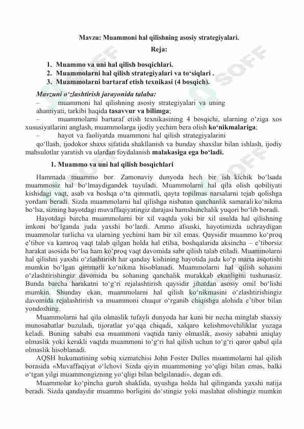 Muammoni hal qilishning asosiy strategiyalari.