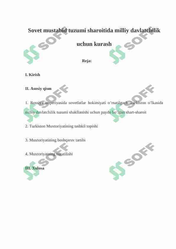 Sovet mustabid tuzumi sharoitida milliy davlatchilik uchun kurash