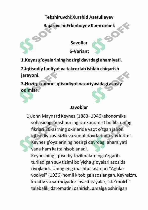 Iqtisodiyot fakulteti uchun savollar javobi bilan