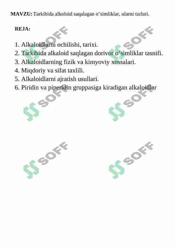 Tarkibida alkoloid saqalagan o’simliklar, ularni turlari