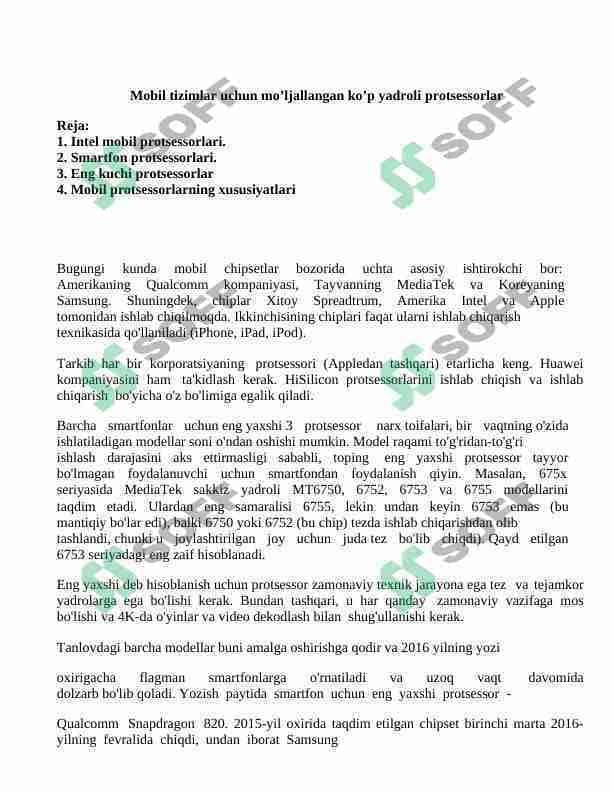 Mobil tizimlar uchun mo’ljallangan ko’p yadroli protsessorlar. mustaqil ish.