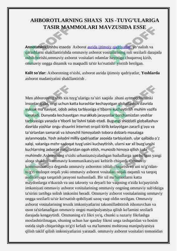 AHBOROTLARNING SHAXS  XIS -TUYG’ULARIGA TASIR MAMMOLARI MAVZUSIDA ESSE