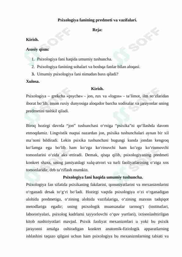 Psixologiya fanining predmeti va vazifalari