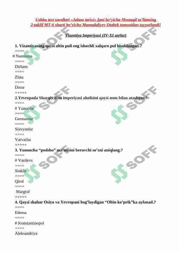 VIZANTIYA IMPERIYASI TEST