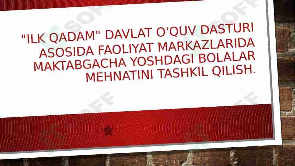 "Ilk qadam" davlat o'quv dasturi asosida faoliyat markazlarida maktabgacha yoshdagi bolalar mehnatini tashkil qilish.