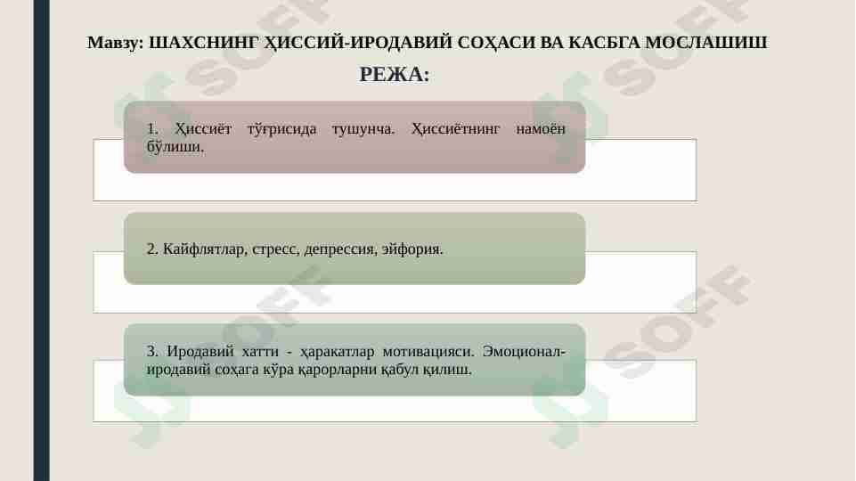 SHAXSNING HISSIY-IRODAVIY SOHASI VA KASBGA MOSLASHISH