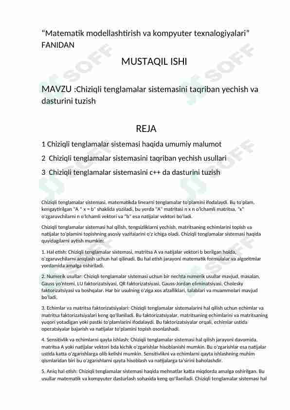 Chiziqli tenglamalar sistemasini taqriban yechish va dasturini tuzish