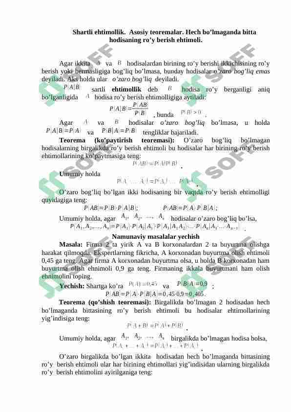 Shartli ehtimollik. Asosiy teoremalar. Hech bo’lmaganda bitta hodisaning ro’y berish ehtimoli