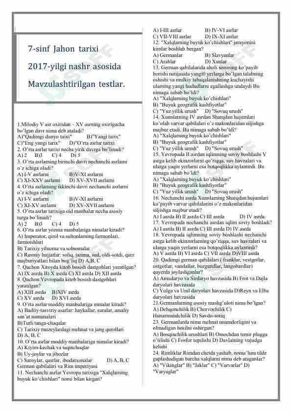 Jahon tarixi fanidan mavzulashtirilgan testlar / 7-sinf
