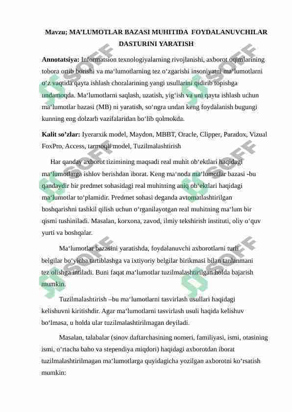 MA’LUMOTLAR BAZASI MUHITIDA  FOYDALANUVCHILAR DASTURINI YARATISH