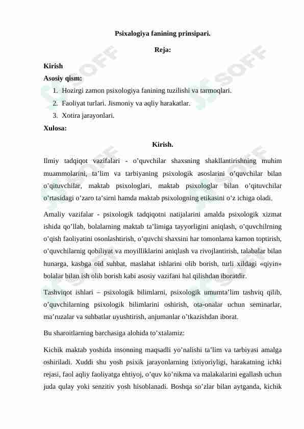 Psixalogiya fanining prinsipari