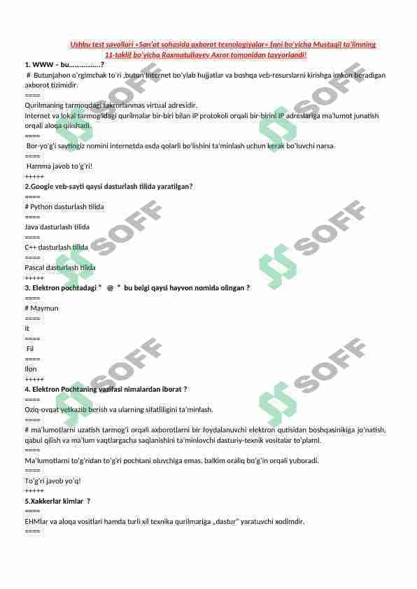Bravzerlar mavzusiga doir test namuna