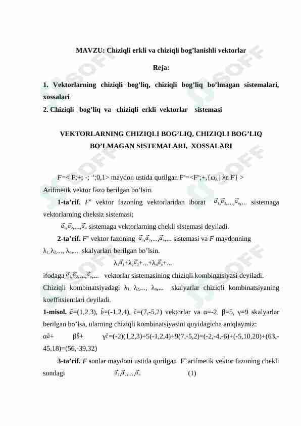 chiziqli erkli va chiziqsiz bog'lanishli vektorlar