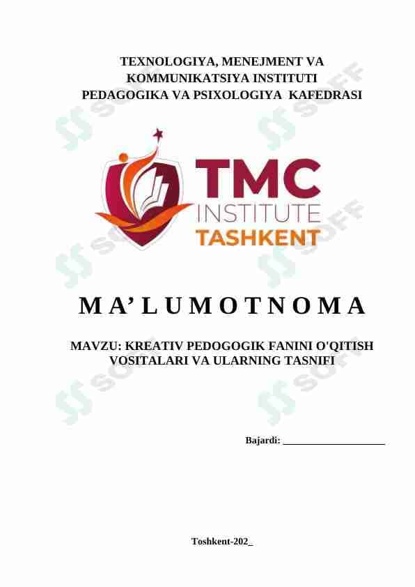 KREATIV PEDOGOGIK FANINI O'QITISH VOSITALARI VA ULARNING TASNIFI