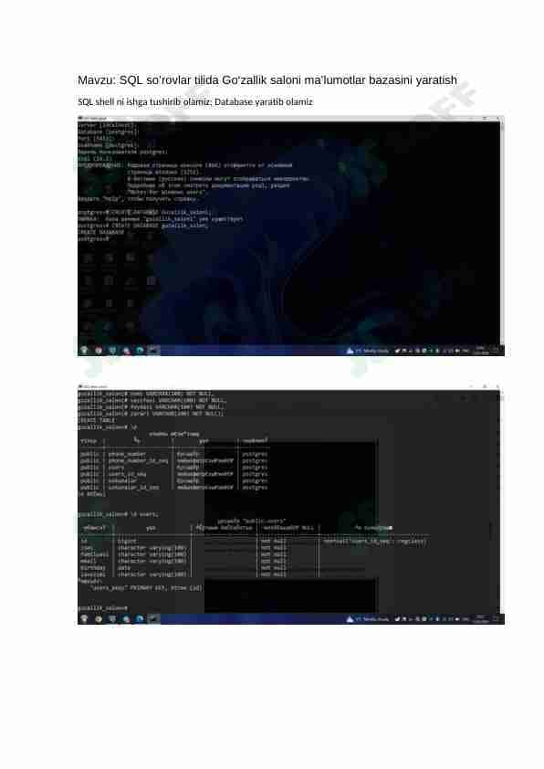 SQL so`rovlar tilida go`zallik saloni ma`lumotlar bazasini yaratish