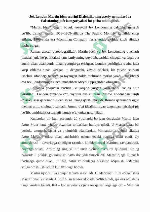 Jek London Martin Iden asarini Dialektikaning asosiy qonunlari va Falsafaning juft kategoriyalari bo'yicha tahlil qilish