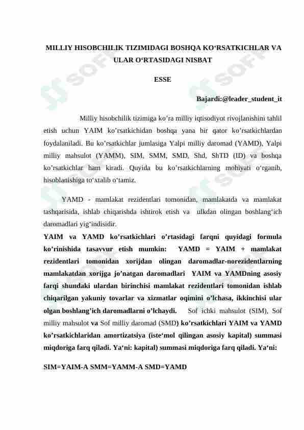 MILLIY HISOBCHILIK TIZIMIDAGI BOSHQA KО‘RSATKICHLAR VA ULAR О‘RTASIDAGI NISBAT