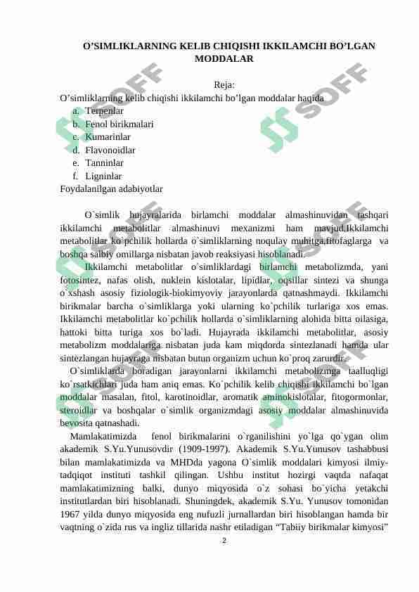 O’SIMLIKLARNING KELIB CHIQISHI IKKILAMCHI BO’LGAN MODDALAR