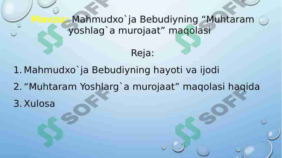 Mahmudxo`ja Bebudiyning “Muhtaram yoshlag`a murojaat” maqolasi