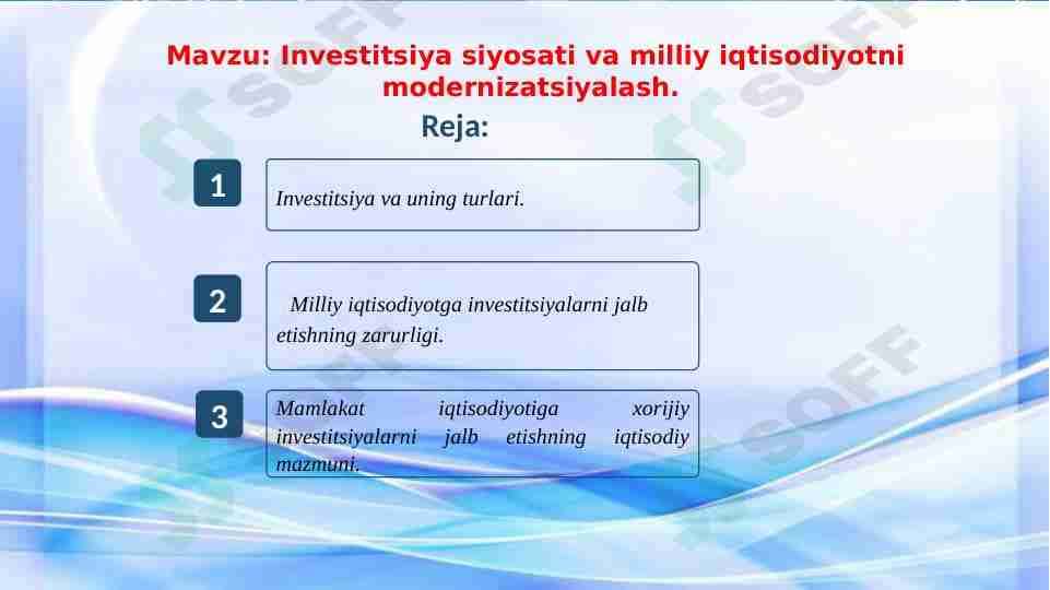 Investitsiya siyosati va milliy iqtisodiyotni modernizatsiyalash