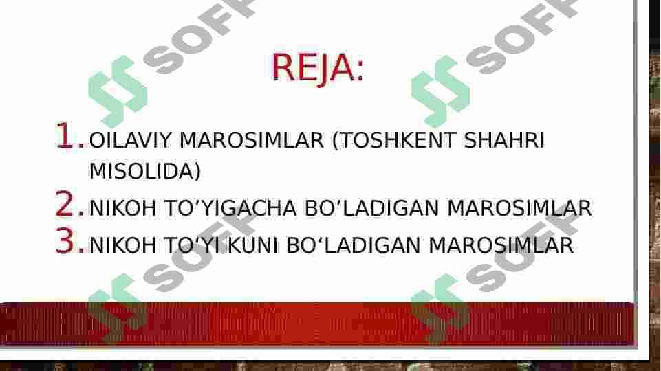 Oilaviy maishiy marosimlar: To'y marosimlari-nikoh to'yi,to'ylarni o'tkazish bilan bog'liq bo'lgan an'ana hamda marosimlar.