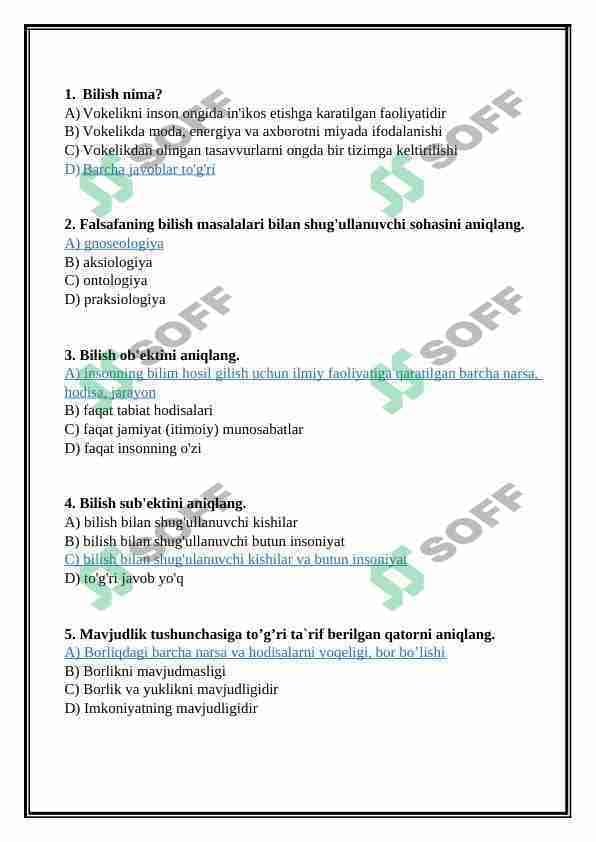 Falsafadan bilish jarayonlari mavzusida test