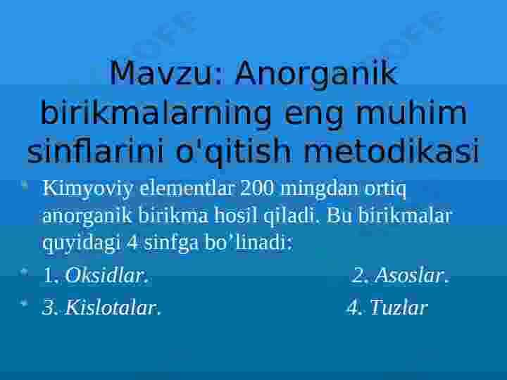 Anorganik birikmalarning eng muhim sinflarini o'qitish metodikasi