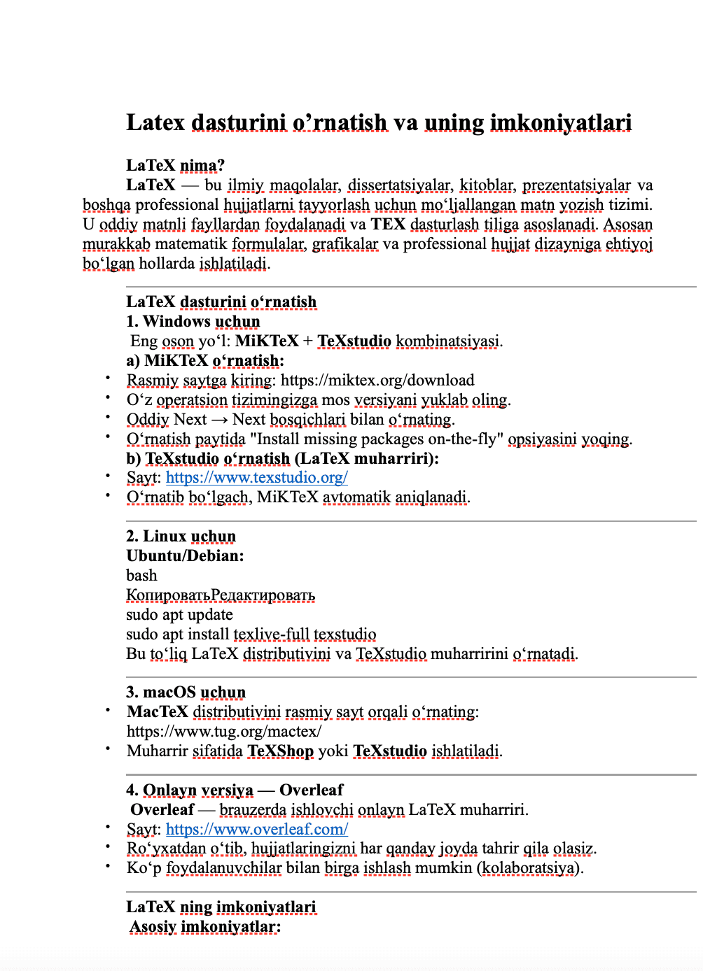 Latex dasturini o’rnatish va uning imkoniyatlari
