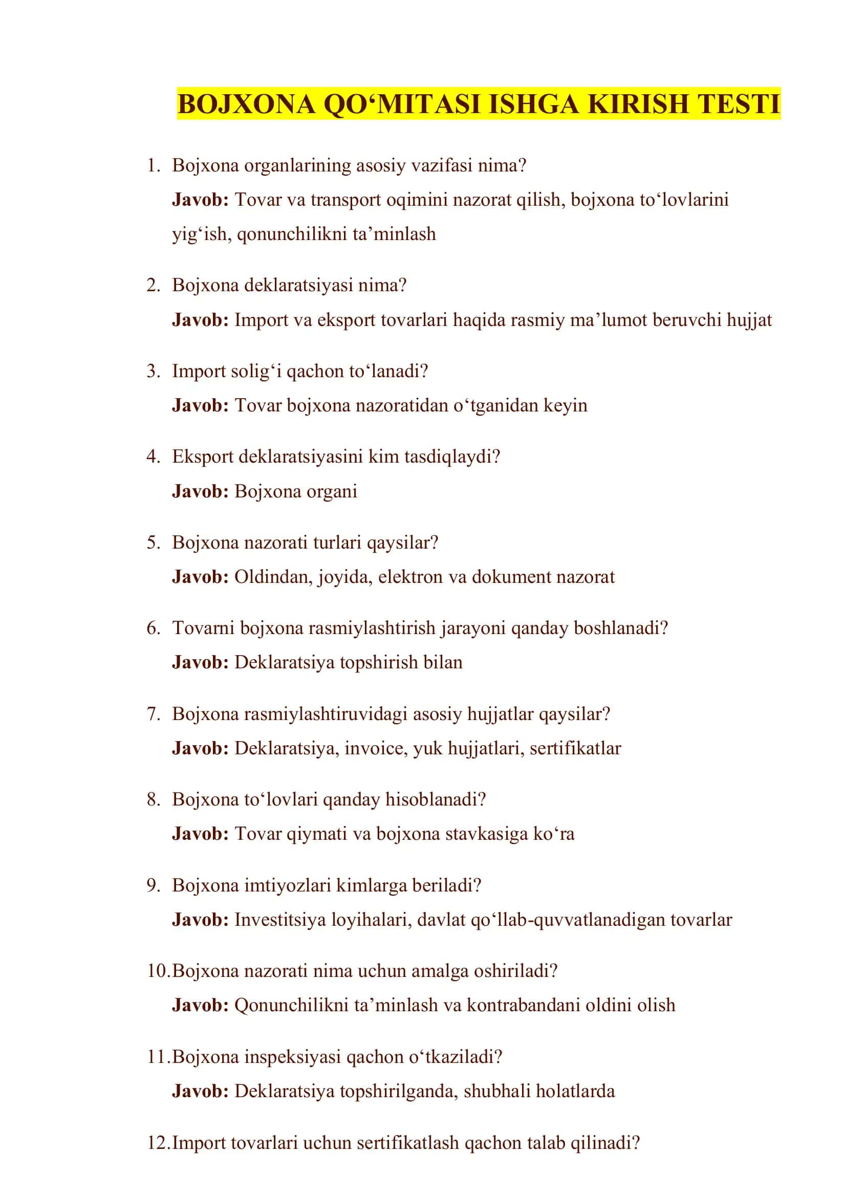 Bojxona Qo‘mitasi Ishga Kirish Testi