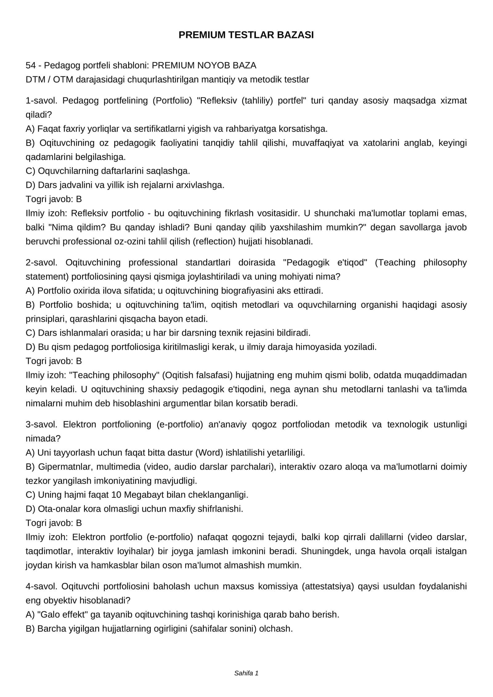 Pedagog portfeli shabloni: PREMIUM NOYOB BAZA