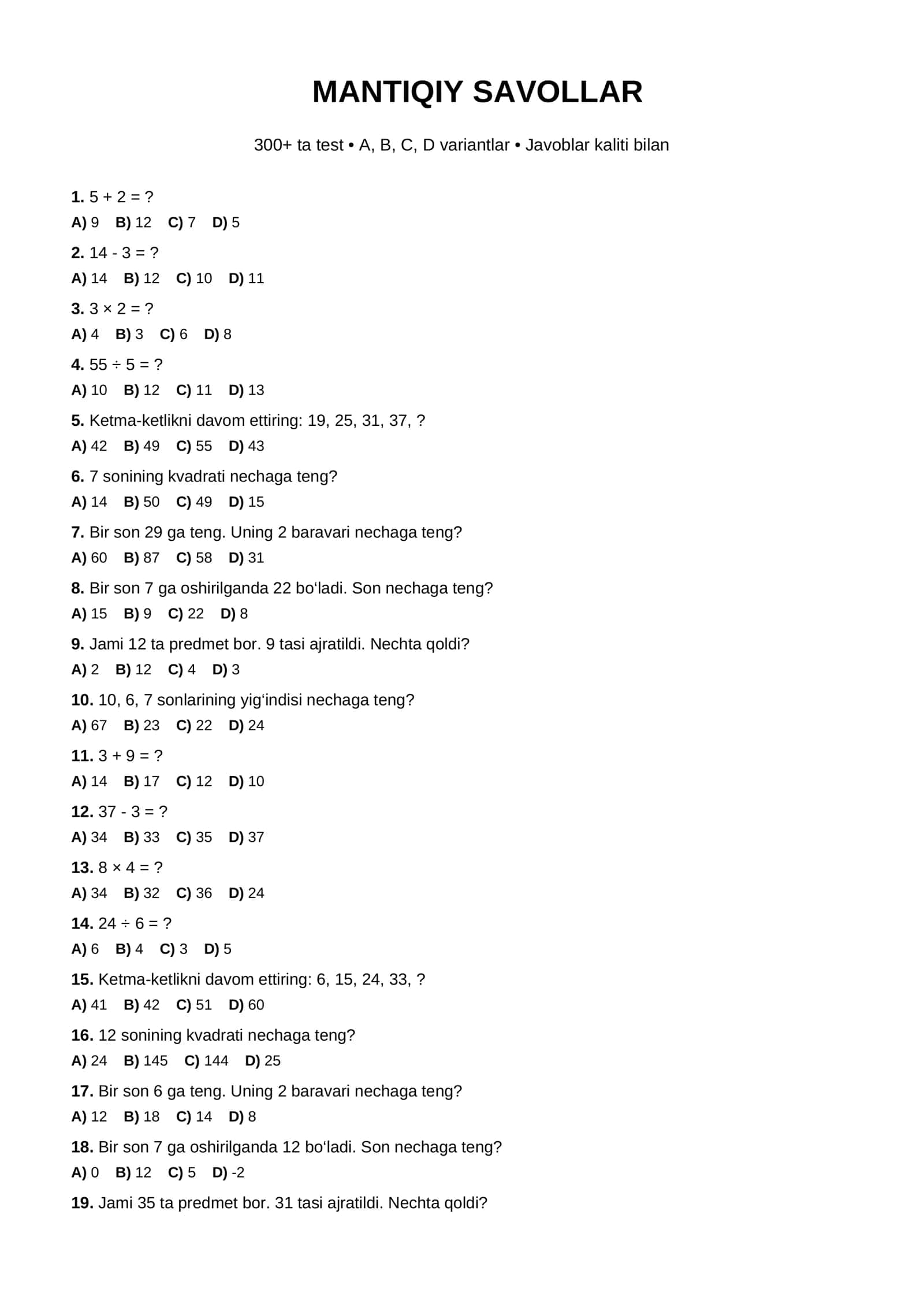 🧠 Mantiqiy savollar — 300+ ta test | PDF