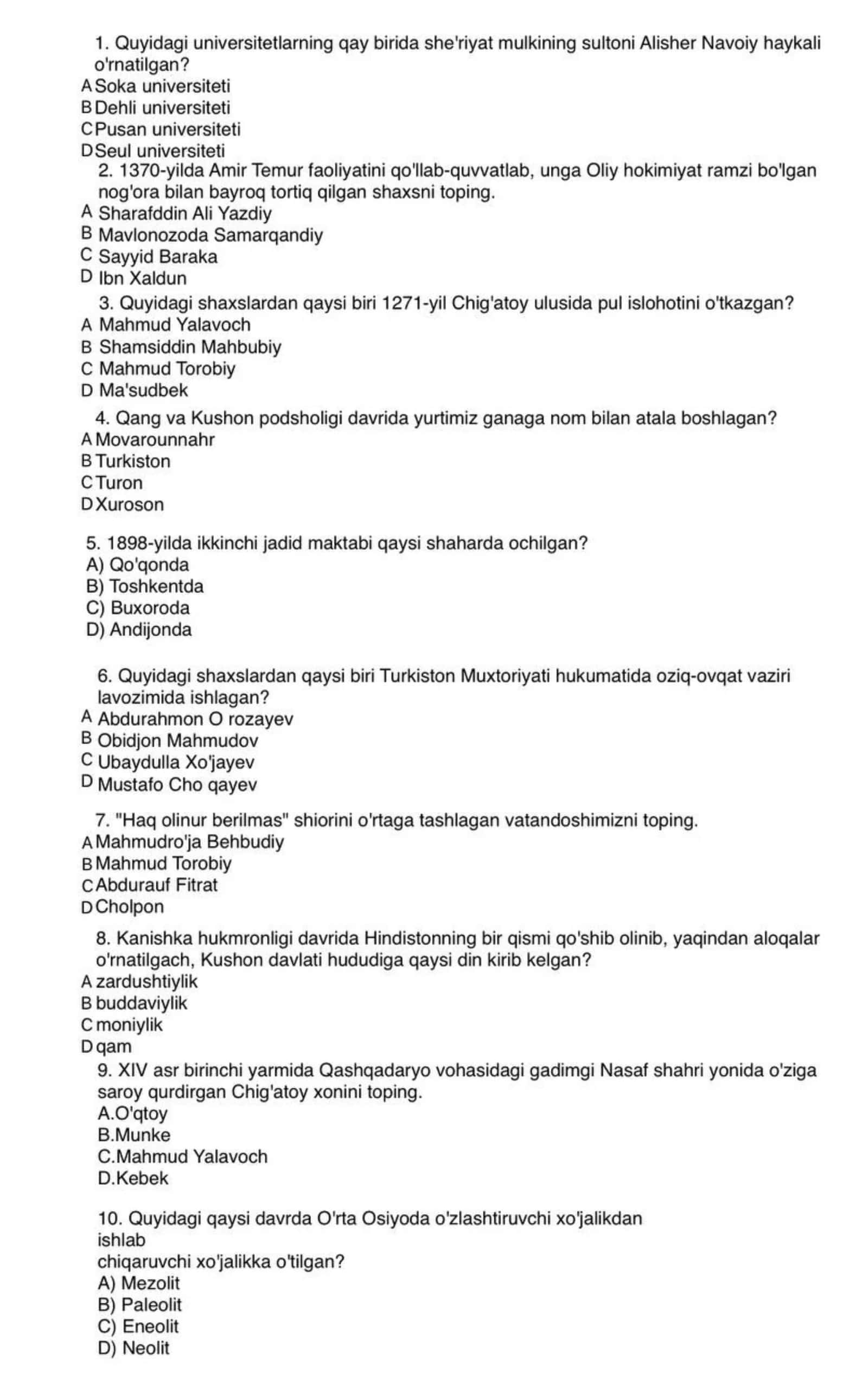 Tarix majburiy blok namunaviy savollar
