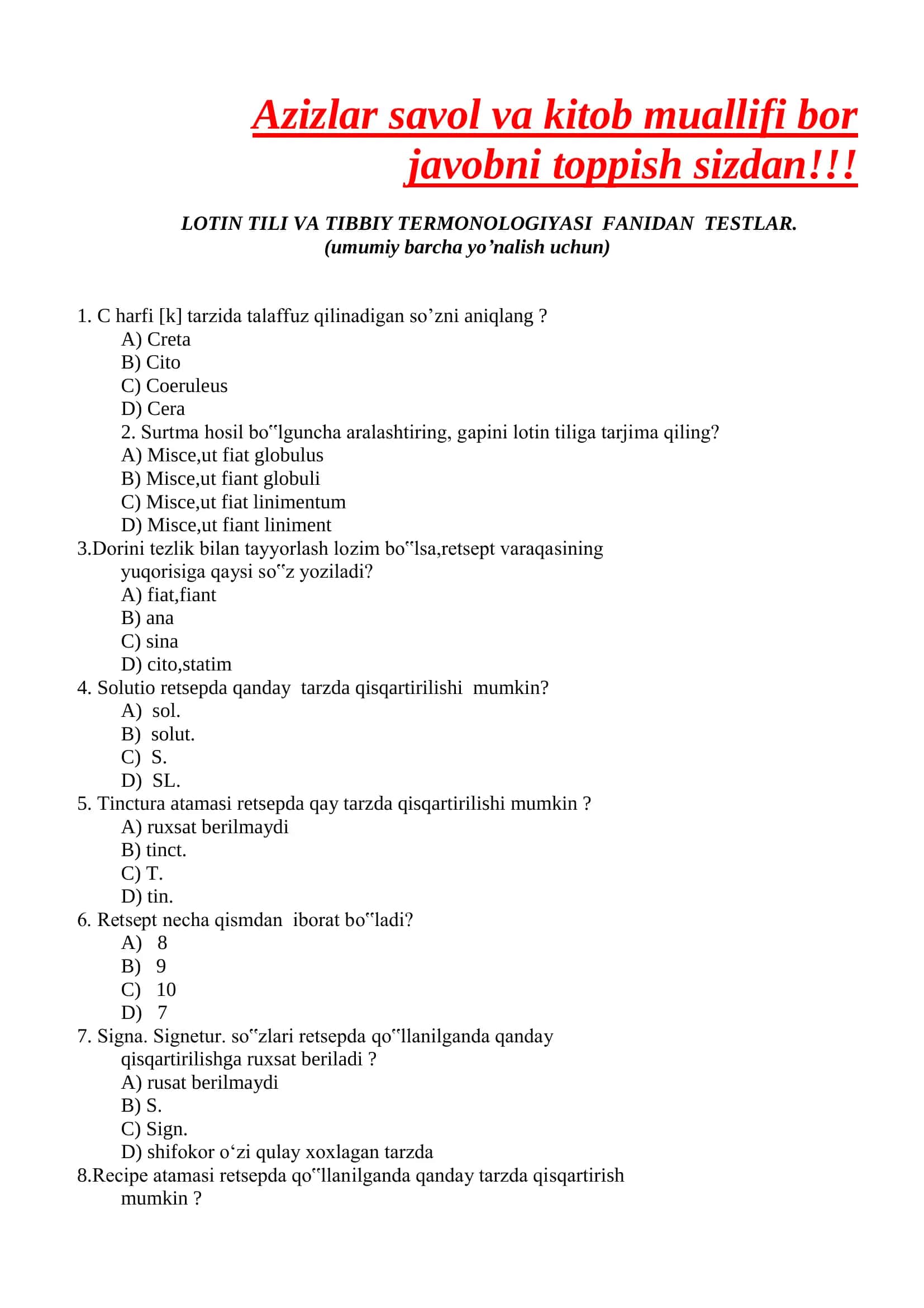 LOTIN TILI VA TIBBIY TERMONOLOGIYASI FANIDAN TESTLAR