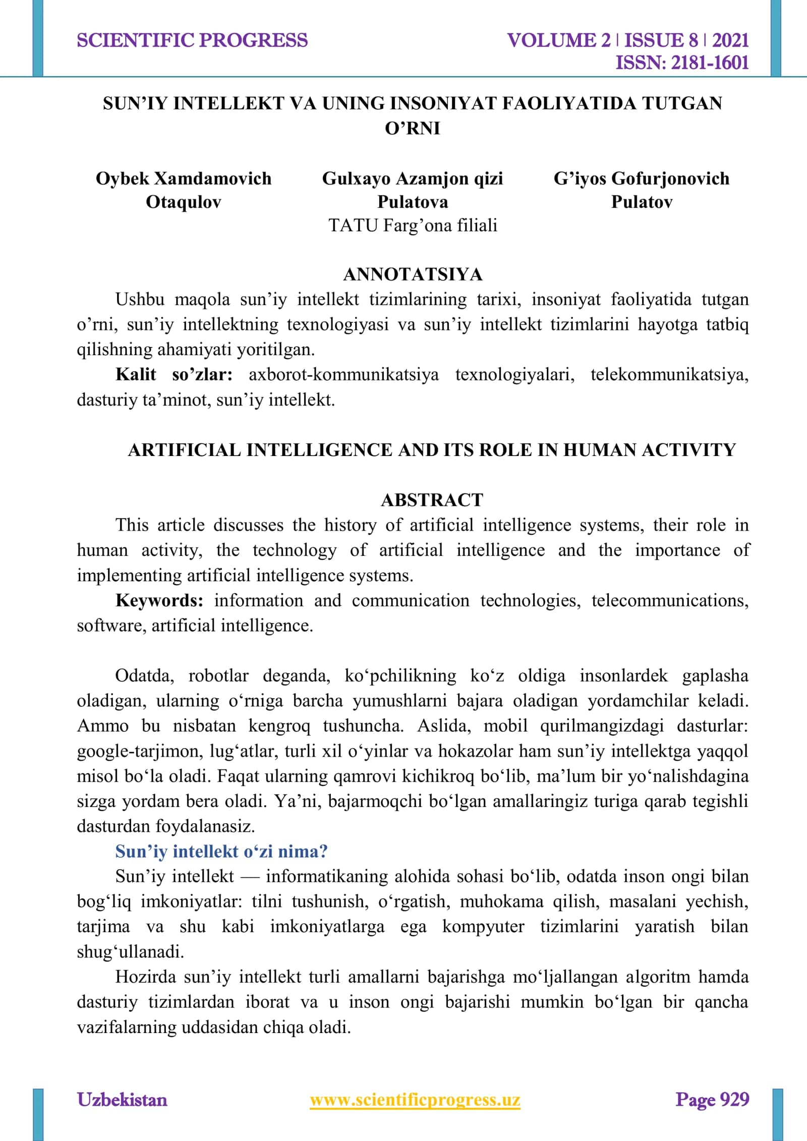 SUN’IY INTELLEKT VA UNING INSONIYAT FAOLIYATIDA TUTGAN O’RNI
