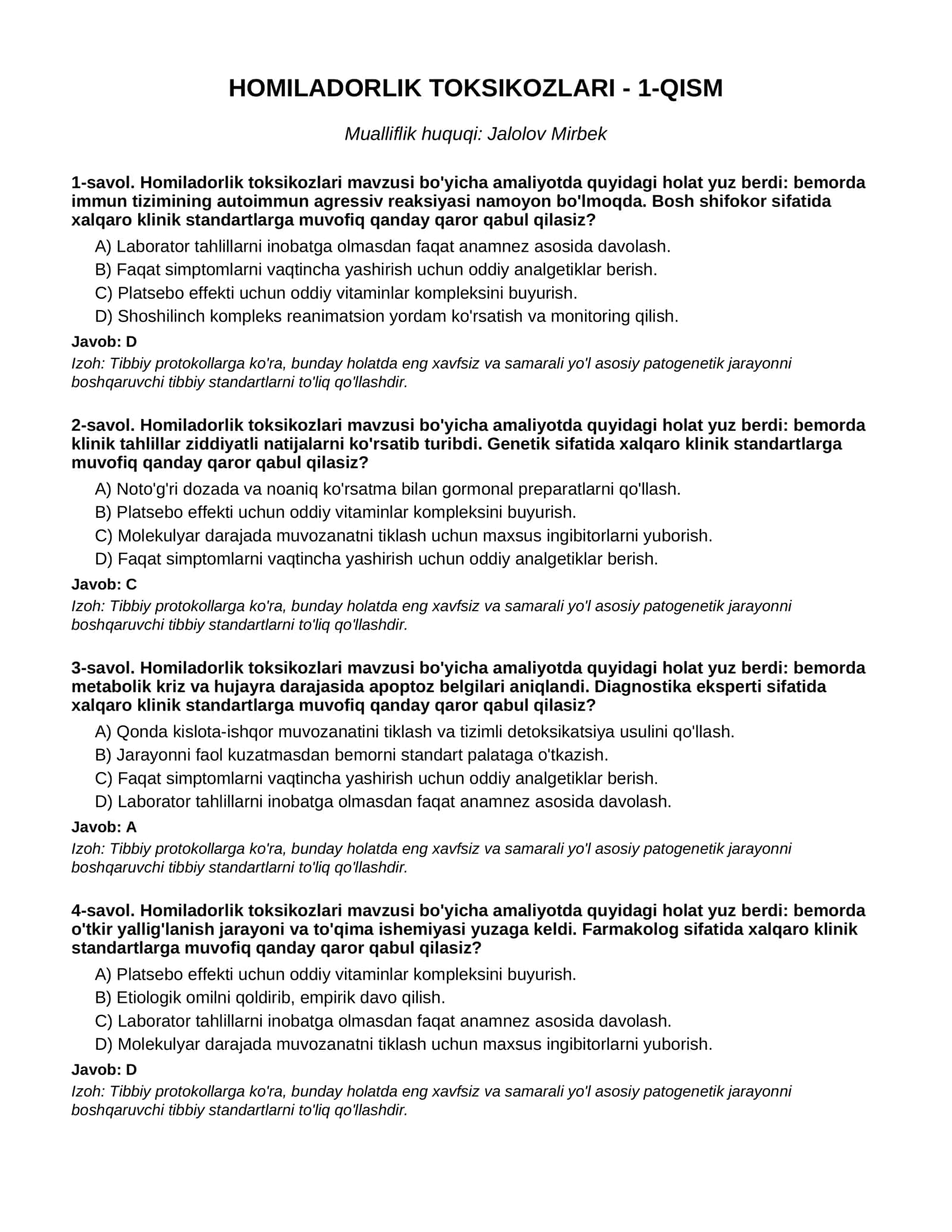 HOMILADORLIK TOKSIKOZLARI - 1-QISM