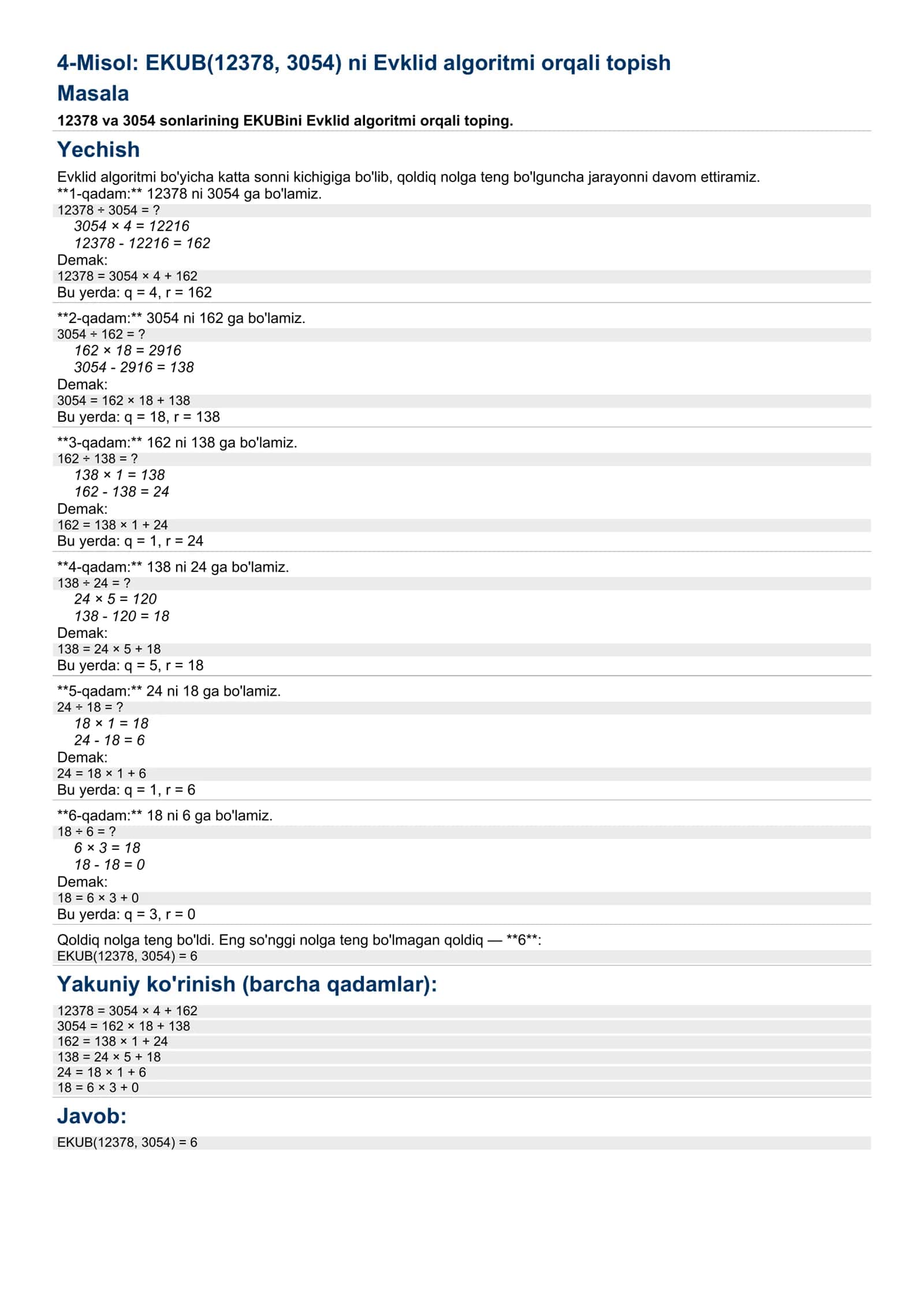 EKUB(12378, 3054) ni Evklid algoritmi orqali topish