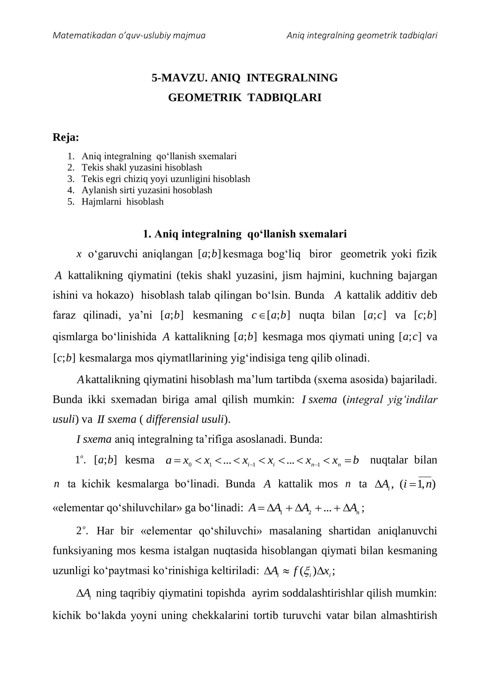 ANIQ INTEGRALNING GEOMETRIK TADBIQLARI
