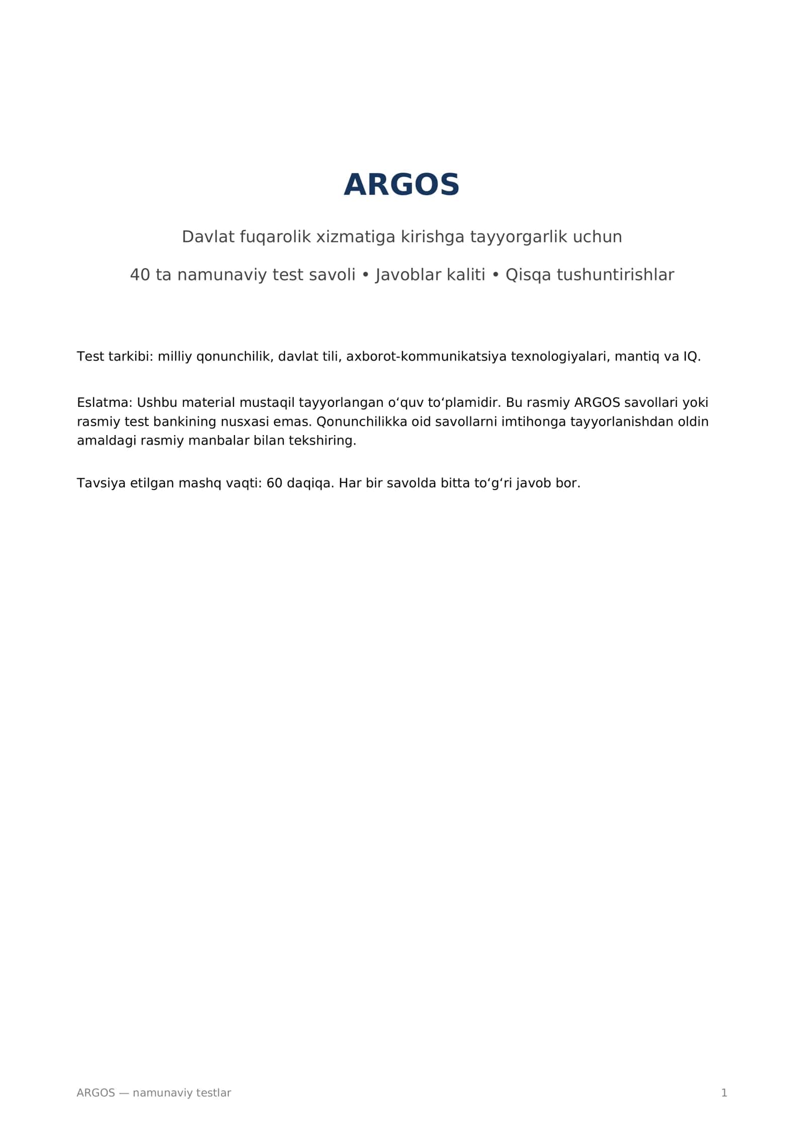 ARGOS imtihoniga tayyorgarlik — 40 ta namunaviy test va javoblar