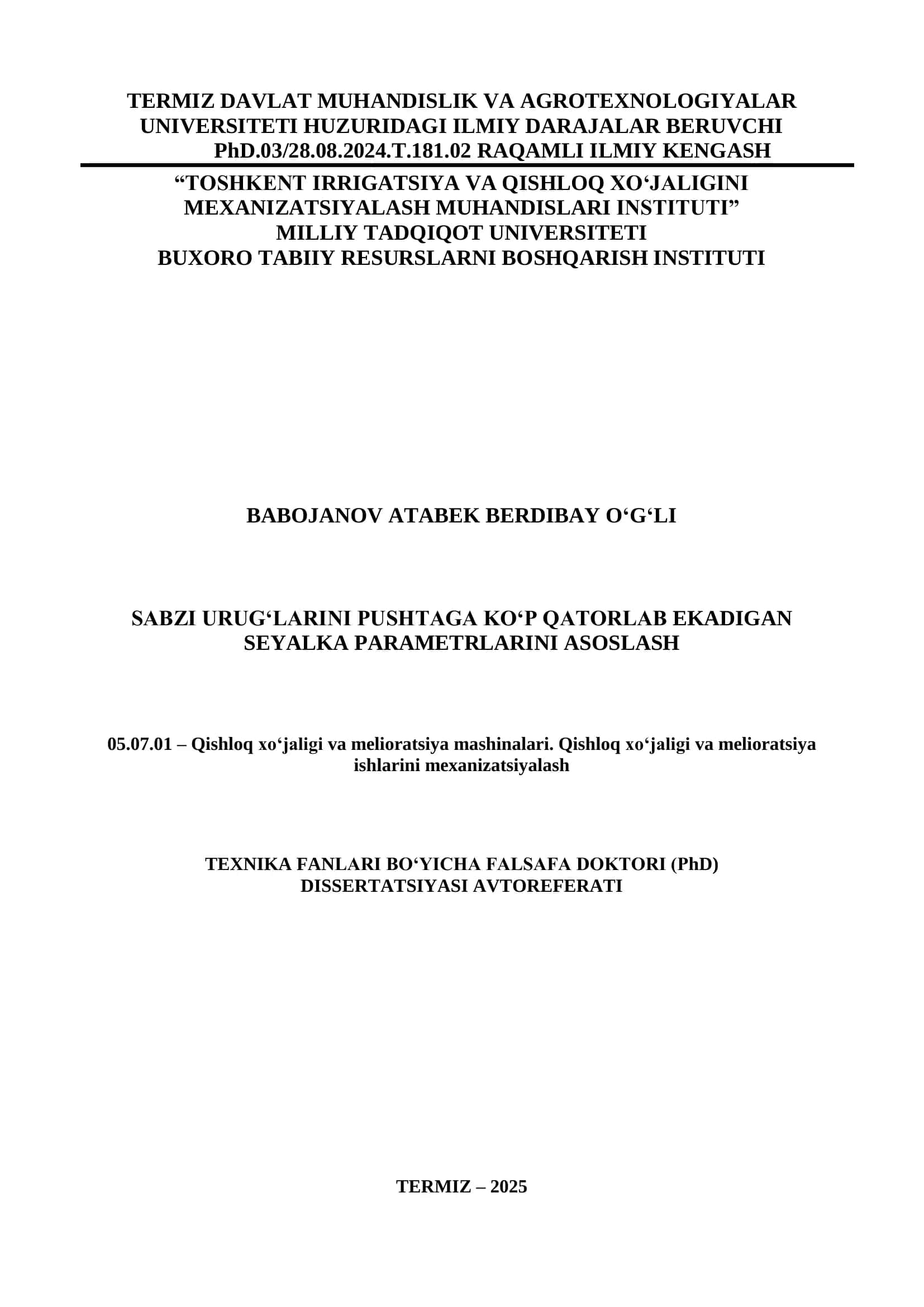 Texnika Fanlari Bo‘yicha Falsafa Doktori (PhD) dissertatsiyasi avtoreferati