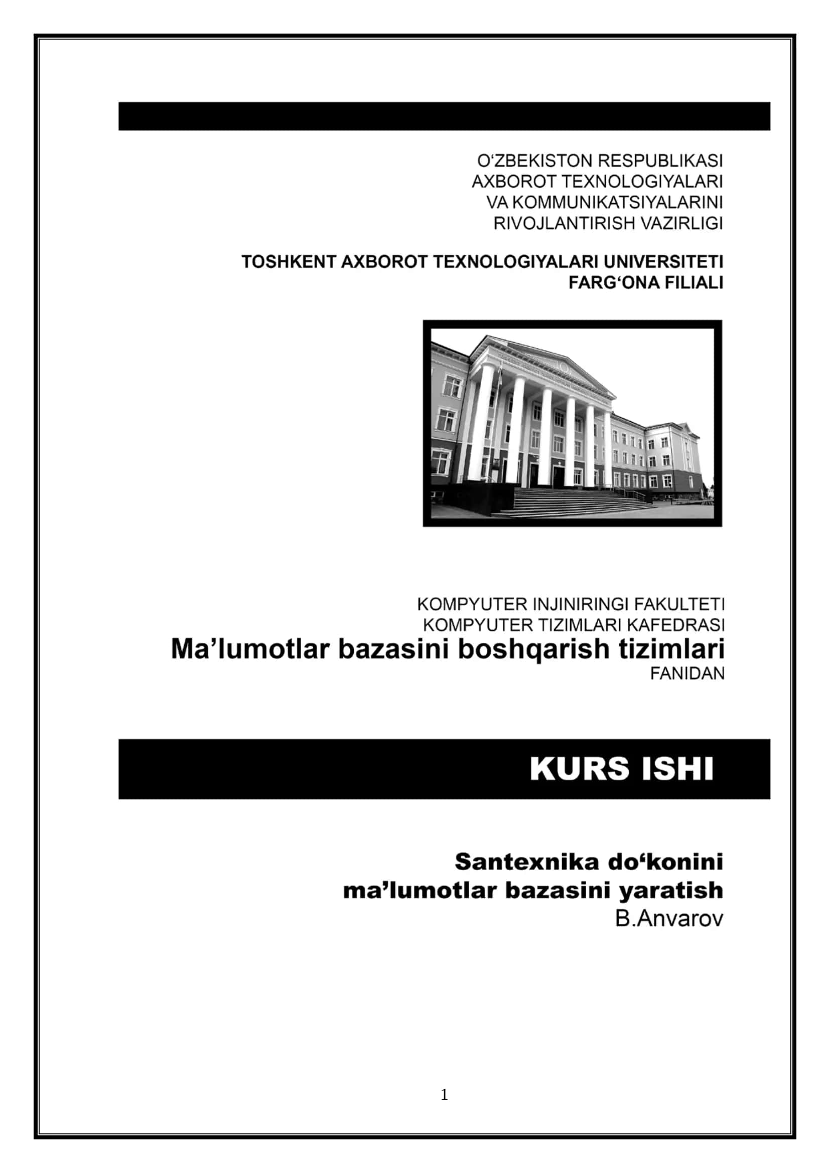 Santexnika do’konini ma’lumotlar bazasini yaratish