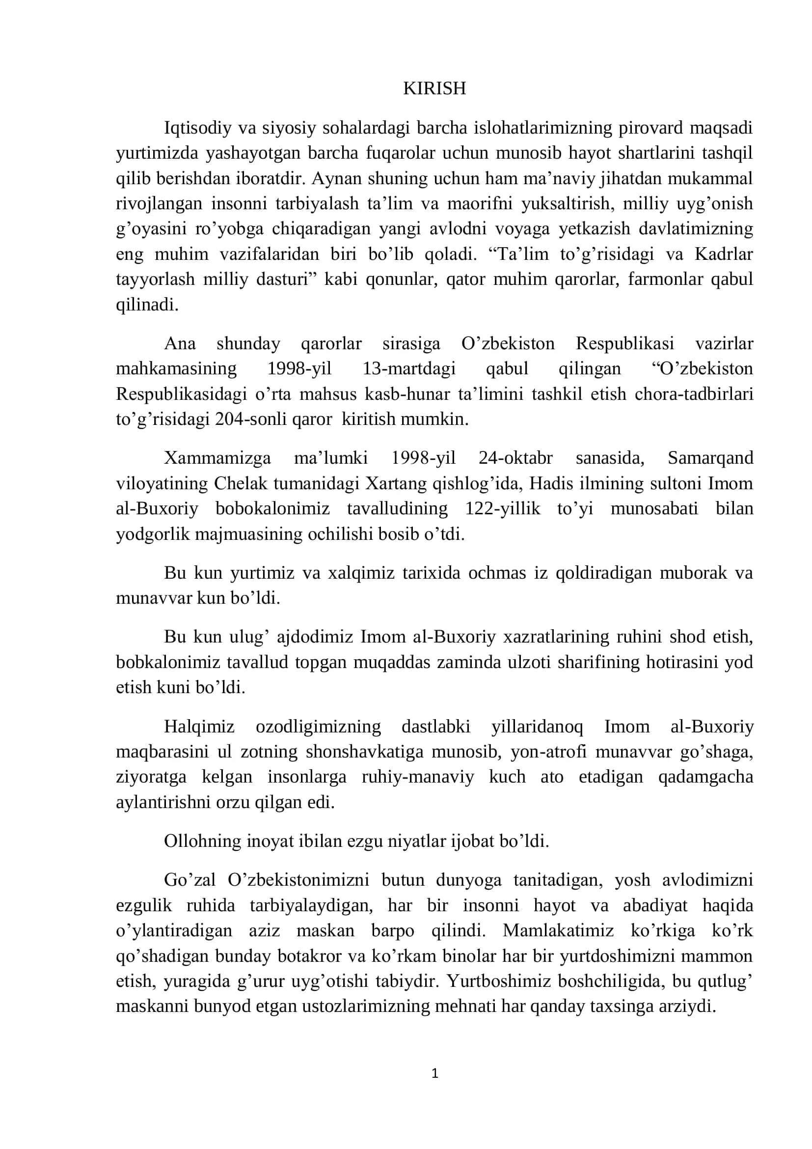 O'zbekiston Respublikasidagi o'rta mahsus kasb-hunar ta'limini tashkil etish chora-tadbirlari to'g'risidagi 204-sonli qaror