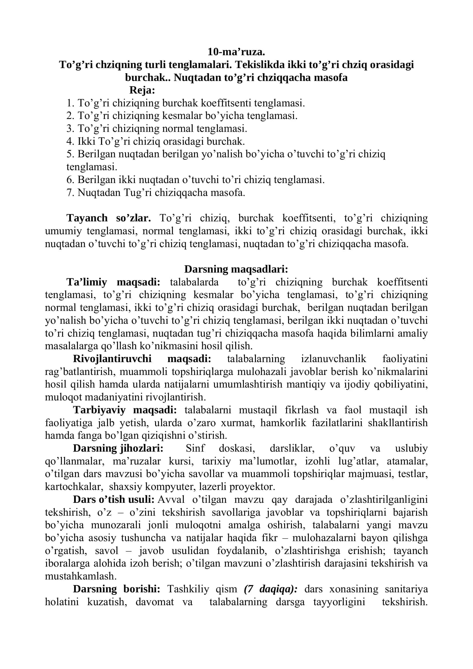 Oliy matematika: to‘g‘ri chiziq tenglamalari, burchak va masofa (PDF)