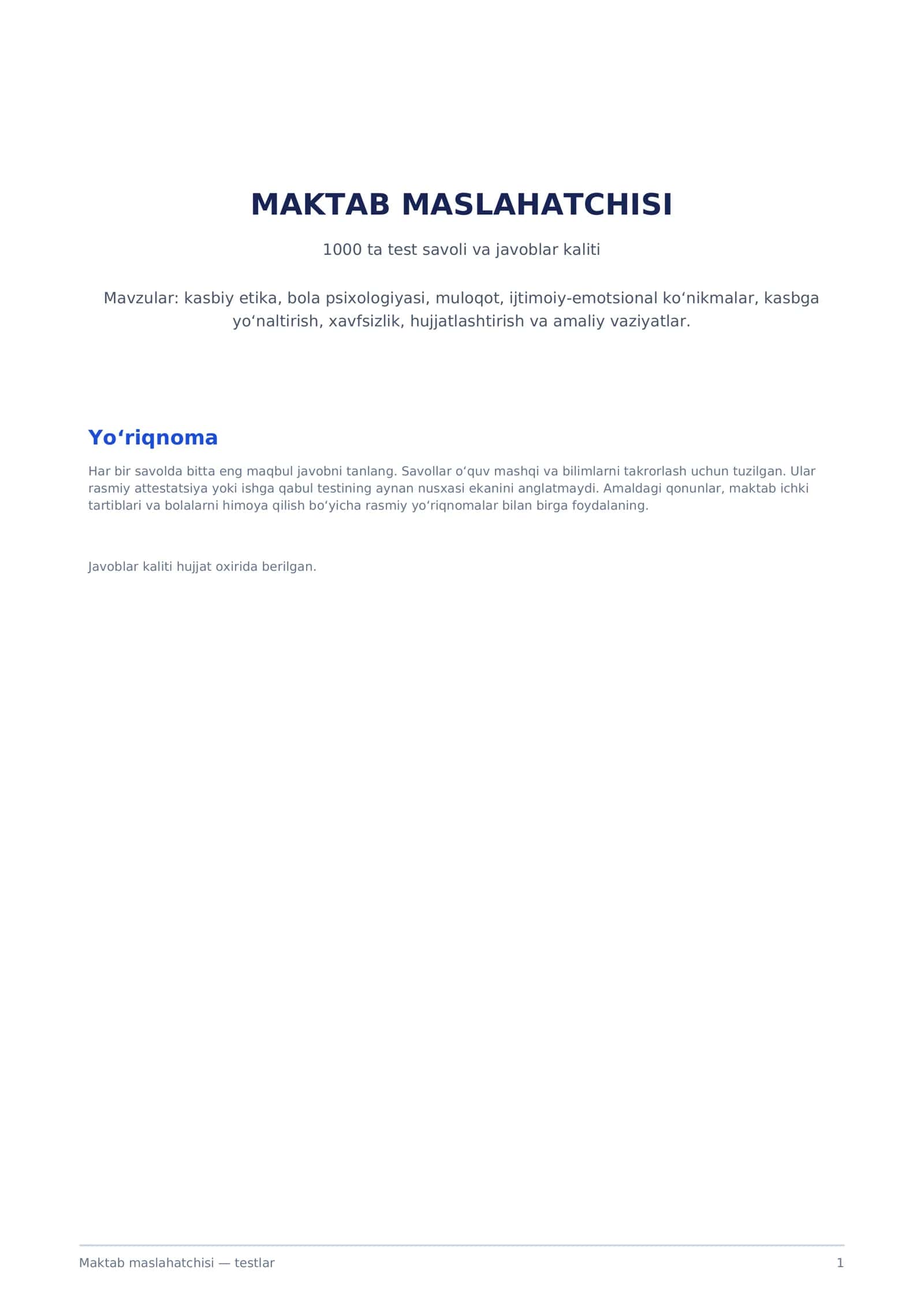 Maktab maslahatchisi uchun 1000 ta test savoli va javoblari