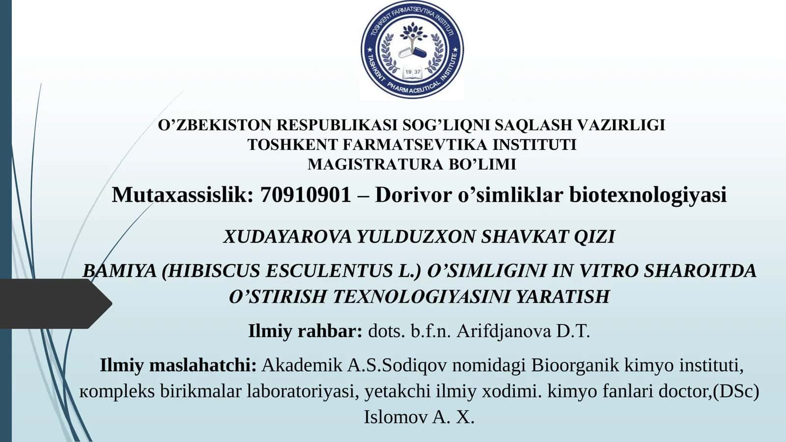 BAMIYA (HIBISCUS ESCULENTUS L.) O’SIMLIGINI IN VITRO SHAROITDA O’STIRISH TEXNOLOGIYASINI YARATISH