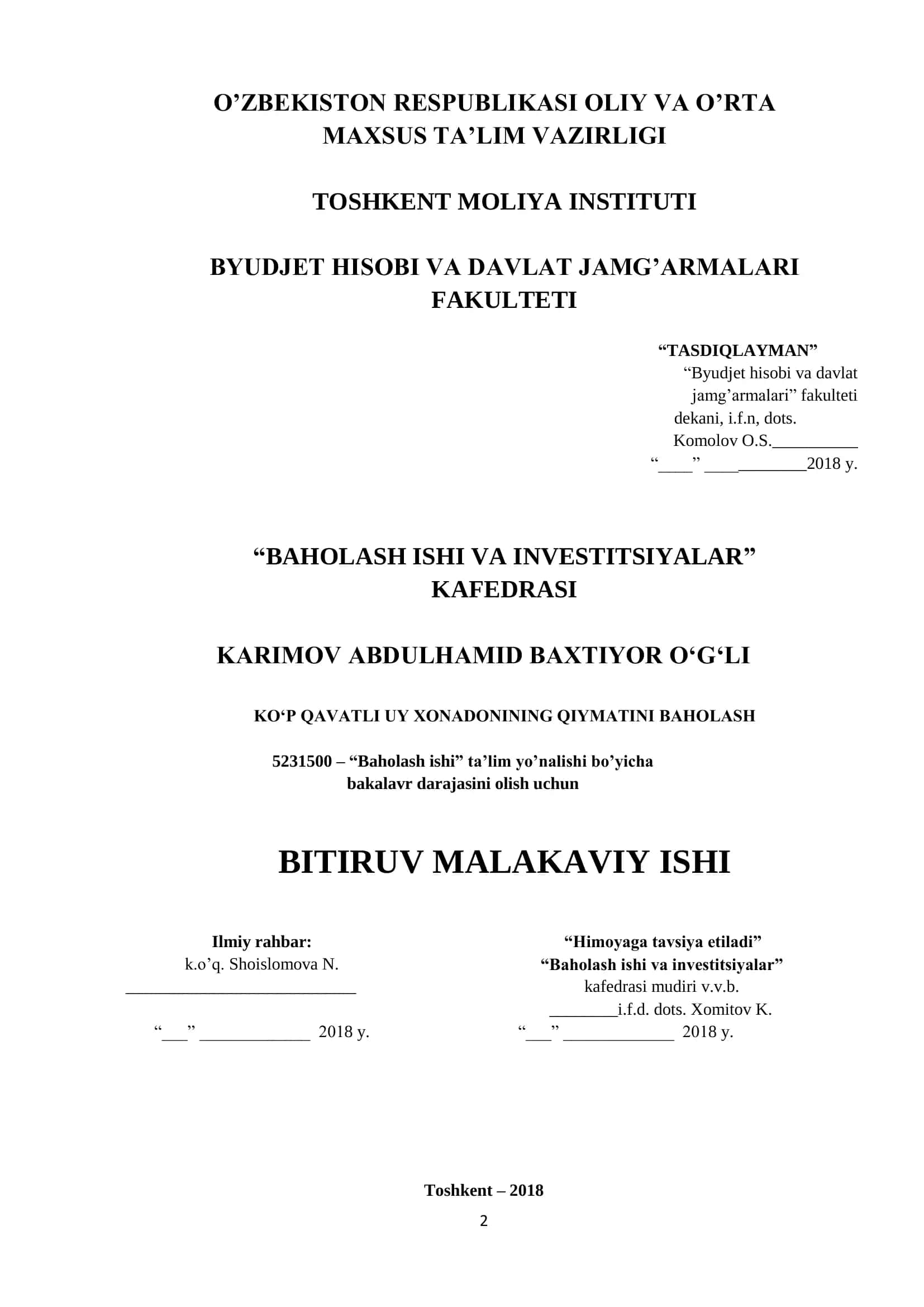 Baholash ishi va investitsiyalar