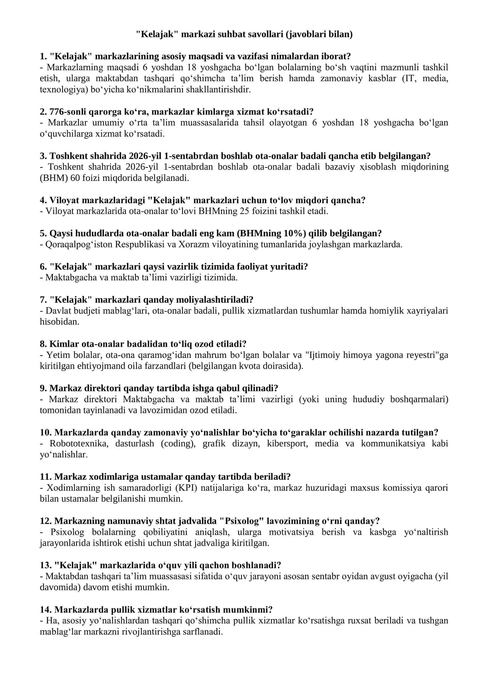 "Kelajak" markazi suhbat savollari (javoblari bilan) 40 ta
