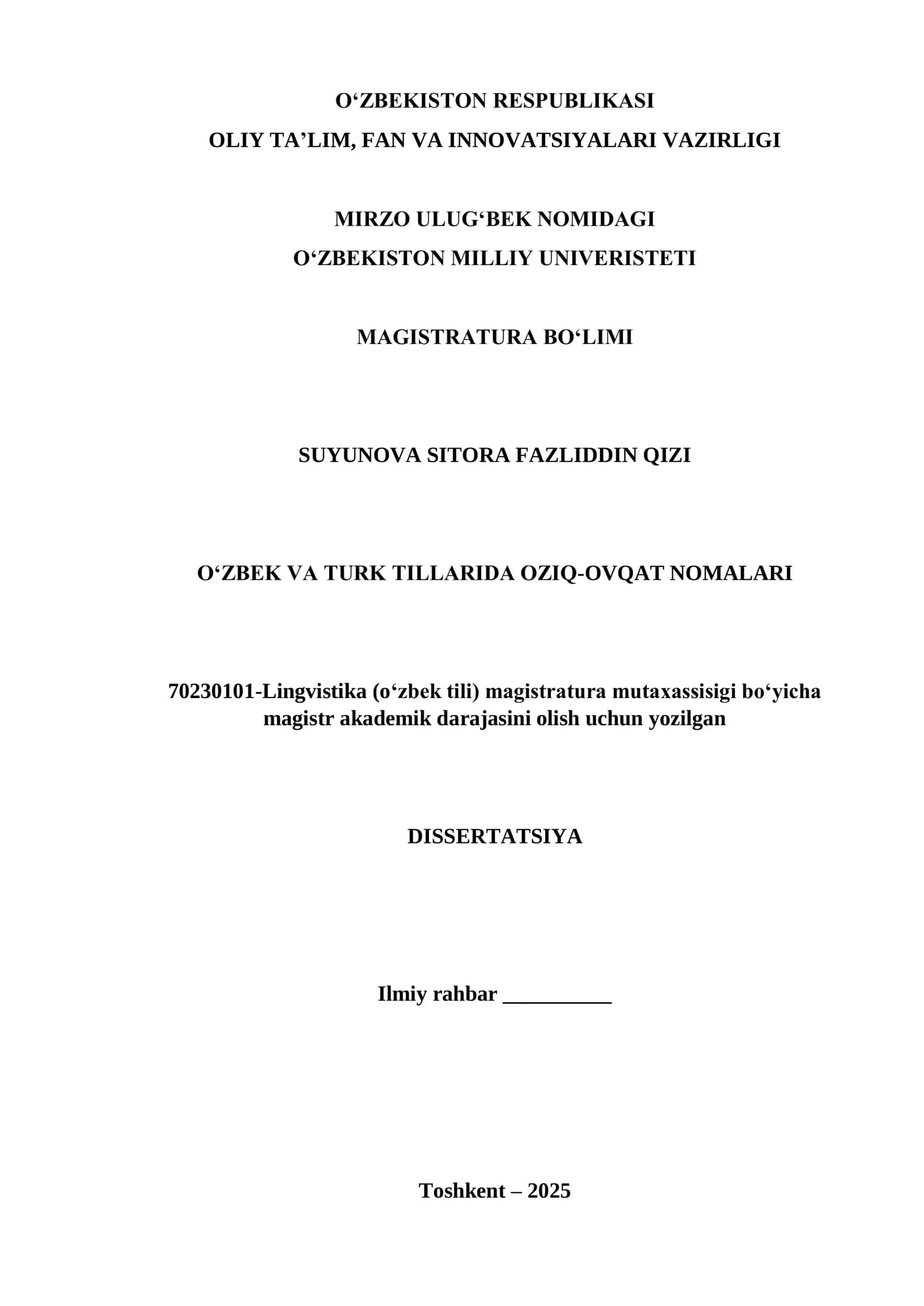 O‘ZBEK VA TURK TILLARIDA OZIQ-OVQAT NOMALARI