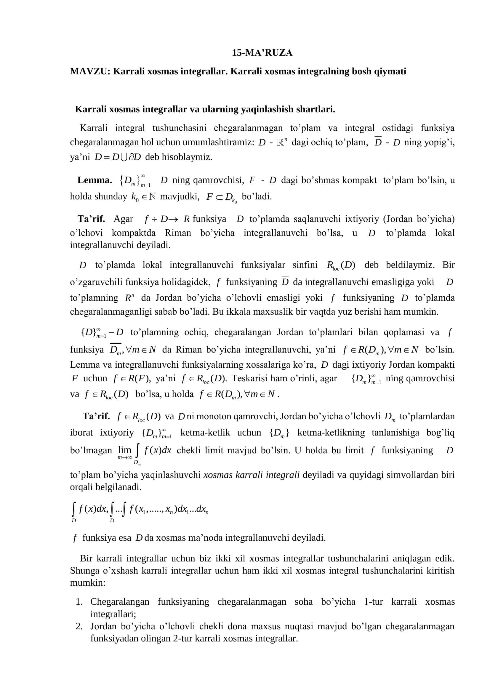 Karrali xosmas integrallar
