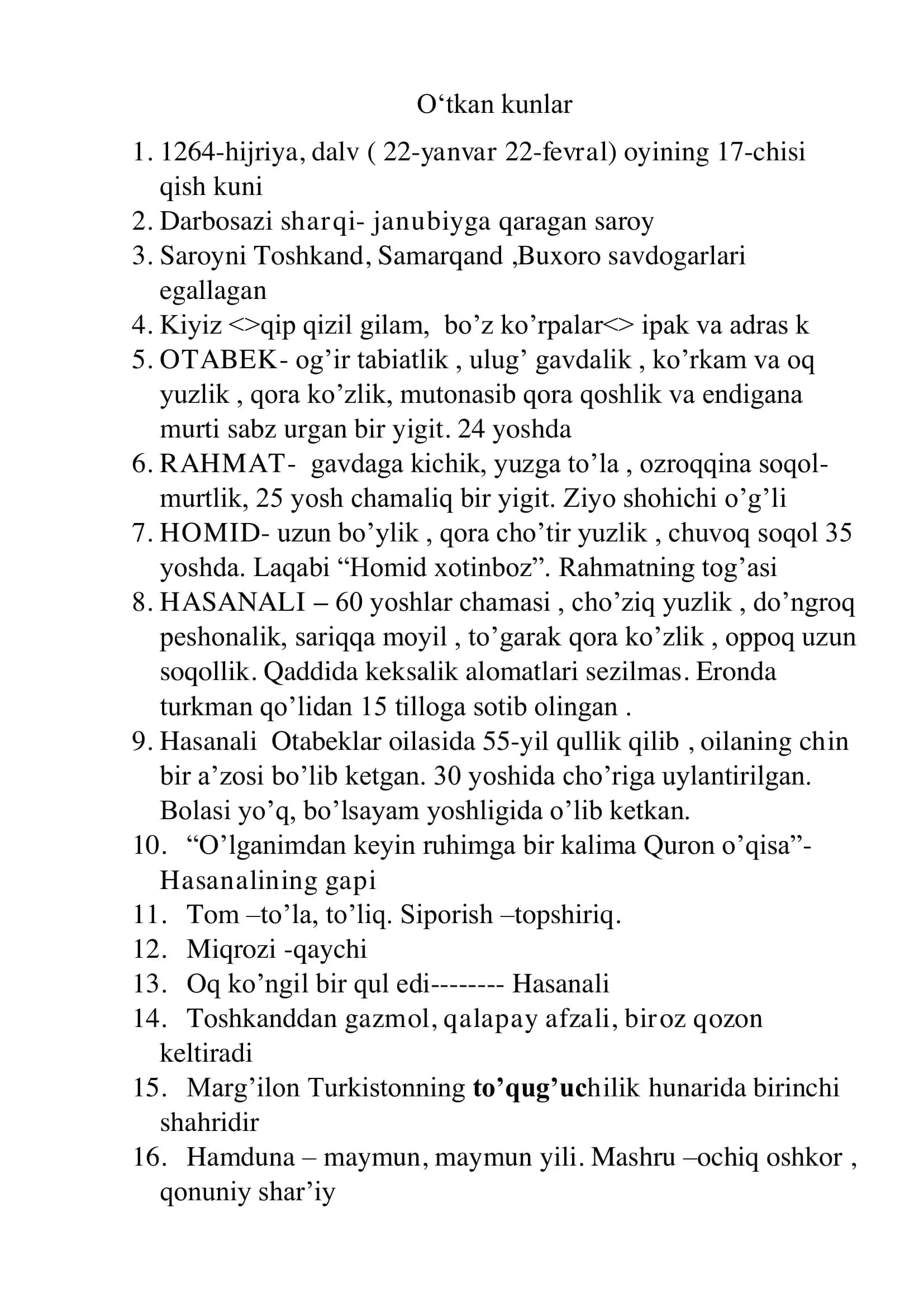 O'tkan kunlar kerakli ma'lumotlar