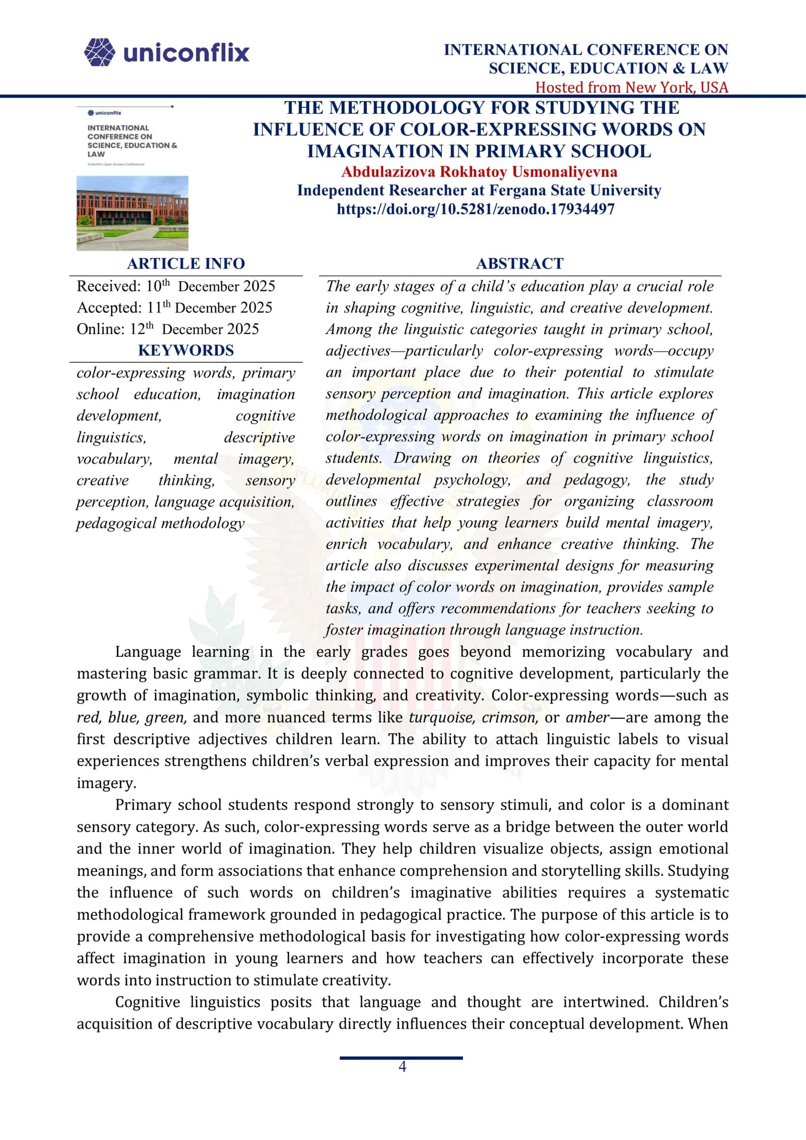 THE METHODOLOGY FOR STUDYING THE INFLUENCE OF COLOR-EXPRESSING WORDS ON IMAGINATION IN PRIMARY SCHOOL